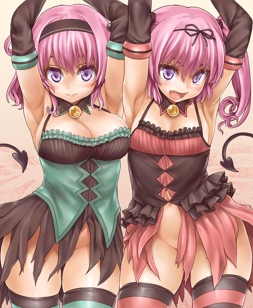 2girls armpits asanagi blush breasts cleavage demon_tail fangs female female_only highres lips momo_velia_deviluke multiple_girls nana_asta_deviluke no_panties open_mouth pink_hair plump purple_eyes short_hair striped striped_legwear striped_thighhighs tail thighhighs to_love-ru