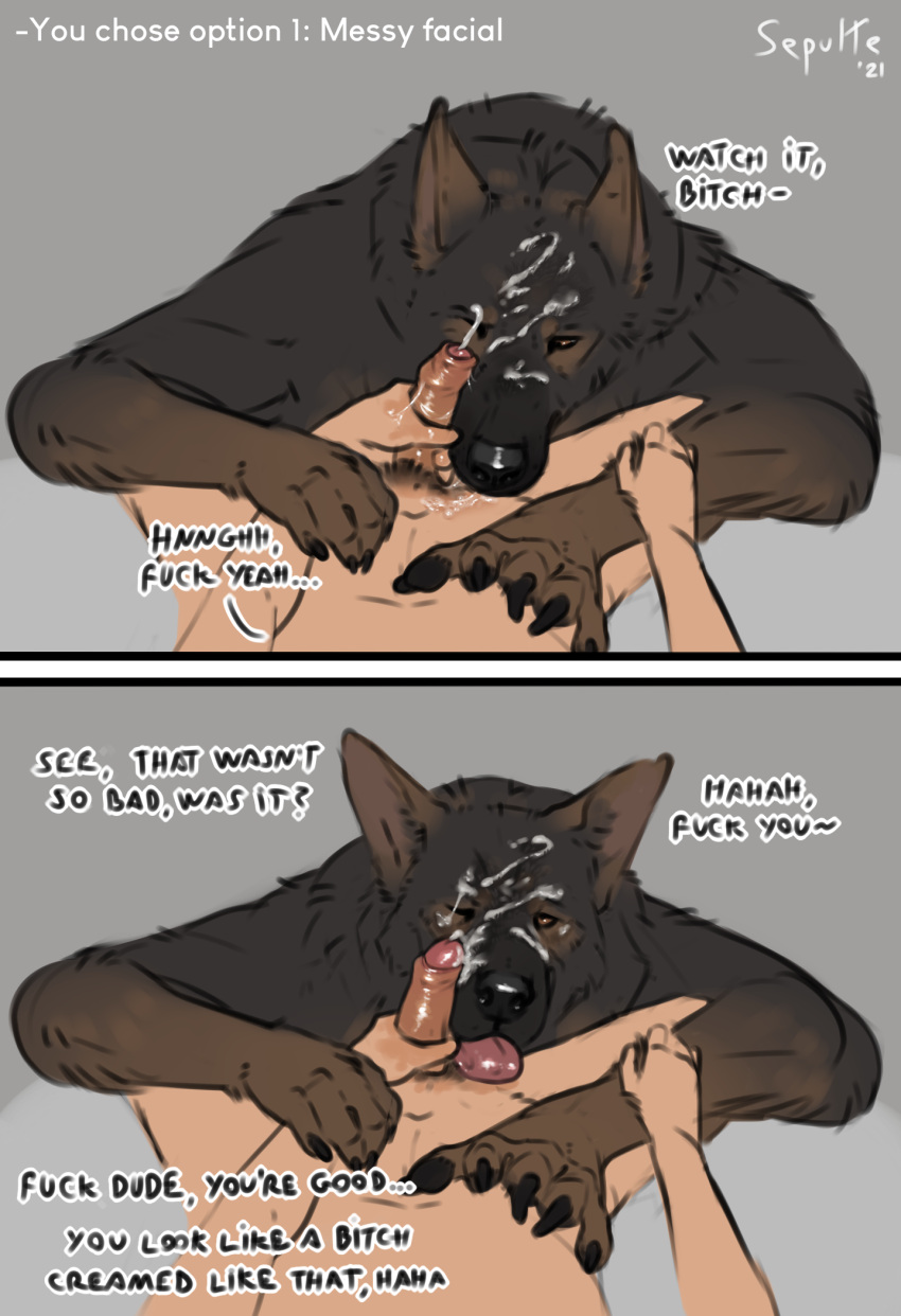 2021 5_fingers anthro bodily_fluids brown_body brown_fur canid canine canis choose_your_own_adventure comic cum cum_on_face dialogue domestic_dog drooling duo ears_back edging english_text erection fellatio fingers first_person_view foreskin fur genital_fluids genitals german_shepherd hand_on_face herding_dog hi_res holding_penis human human_on_anthro humanoid_genitalia humanoid_penis interspecies licking looking_at_viewer male male/male mammal neck_tuft oral orgasm pastoral_dog penetration penile penis penis_lick pivoted_ears profanity pubes saliva sepulte sex signature simple_background teeth text tongue tongue_out tuft uncut