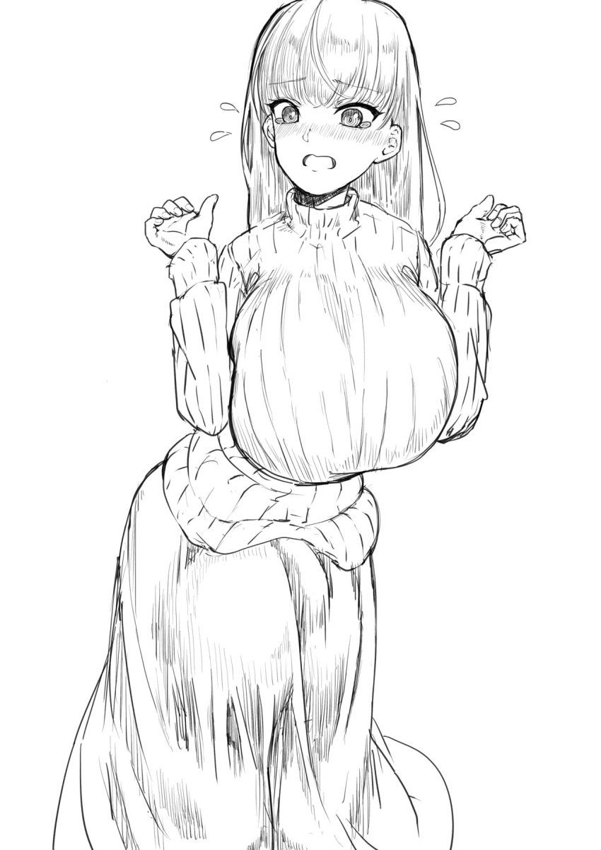 1futa balls balls_bigger_than_head balls_outline bangs big_breasts big_penis breasts breasts_bigger_than_head bulge clothed clothing embarrassed flying_sweatdrops fully_clothed futa_only futanari huge_balls huge_breasts human hyper hyper_balls long_hair long_skirt long_sleeves looking_down monochrome negi_futa oversized_balls pale_skin penis sketch skirt solo standing sweatdrop sweater takuya_t