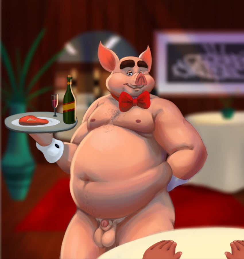 2021 anthro balls belly bow_tie detailed_background domestic_pig genitals hi_res male mammal micropenis moobs navel nipples overweight overweight_anthro overweight_male penis small_penis solo solo_focus suid suina sus_(pig) themorghull waiter