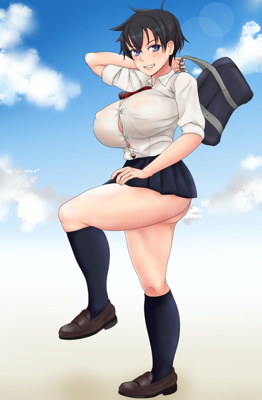 1girls big_breasts black_hair blue_eyes breasts busty clothed female female_only grin hourglass_figure kneehighs large_breasts looking_at_viewer miniskirt otohukebonne school_uniform schoolgirl sex shirt short_hair skirt sleeves_rolled_up smile solo tomboy very_short_hair wide_hips