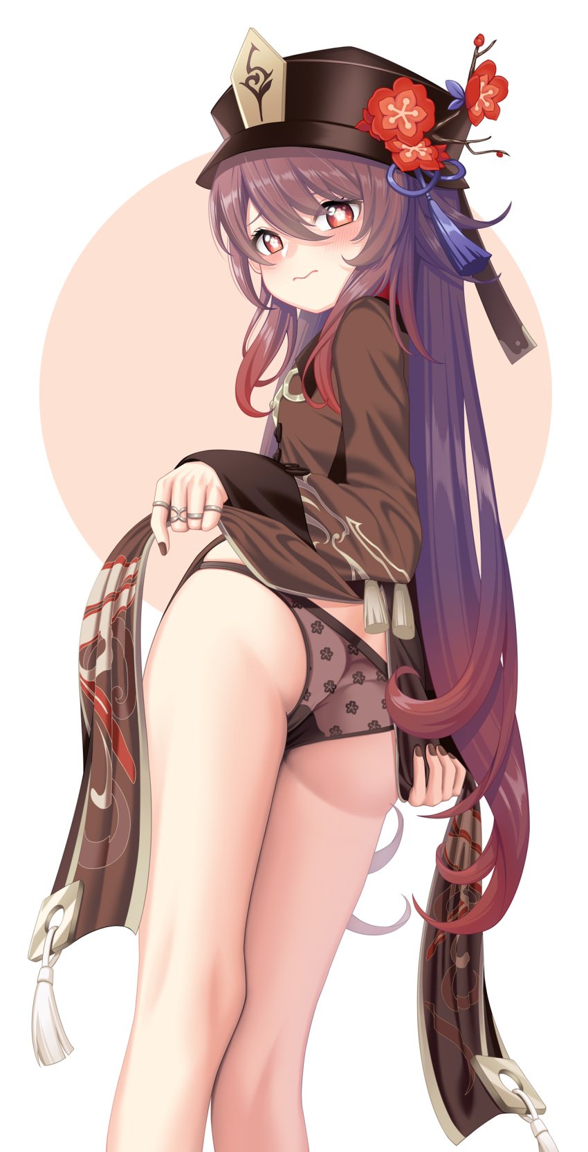 3: absurdres arvind ass black_headwear black_nails black_panties brown_hair brown_shirt chinese_clothes embarrassed female flower from_behind genshin_impact gradient_hair hat hat_flower highres hu_tao_(genshin_impact) long_hair long_sleeves looking_at_viewer looking_back multicolored_hair multiple_rings nail_polish no_pants panties plum_blossoms red_eyes red_flower shirt solo star-shaped_pupils star_(symbol) string_panties symbol-shaped_pupils tailcoat thighs underwear very_long_hair