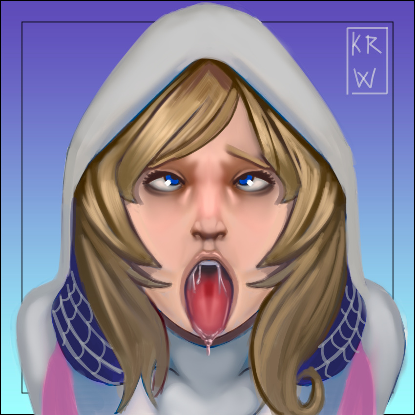 1girls ahe_gao blonde_hair blue_eyes clothed eyes_rolling_back female_focus female_only gwen_stacy hood korwuarts long_hair marvel open_mouth saliva simple_background solo spider-gwen spider-man_(series) superheroine tongue_out