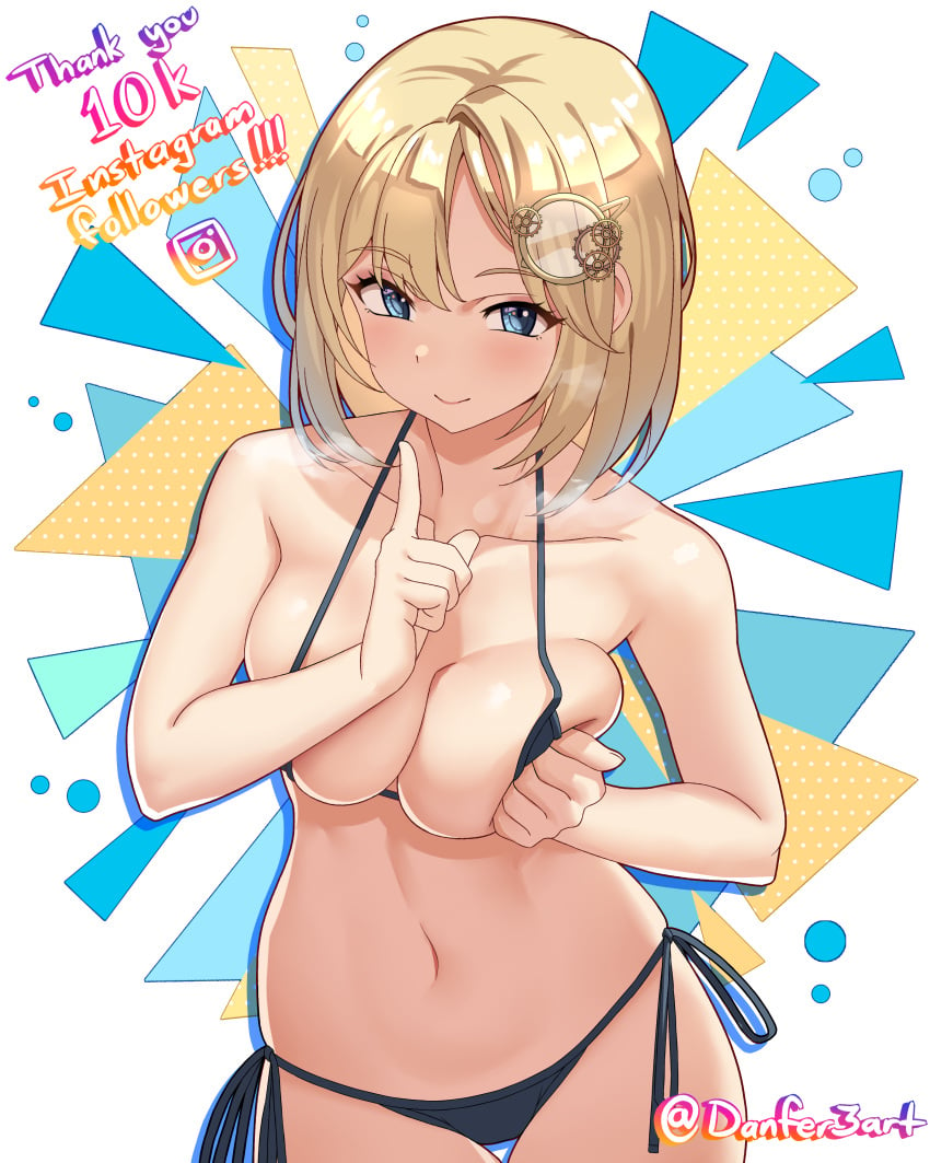 1girls absurdres bangs bare_shoulders bikini black_bikini blonde_hair blue_eyes blush breast_press breast_squeeze breasts cleavage collarbone commentary danfer3 english_commentary eyebrows_visible_through_hair female female_only hair_ornament highres hololive hololive_english hololive_myth index_finger_raised large_breasts looking_at_viewer milestone_celebration monocle_hair_ornament navel smile solo solo_female string_bikini swimsuit thank_you twitter_username virtual_youtuber watson_amelia