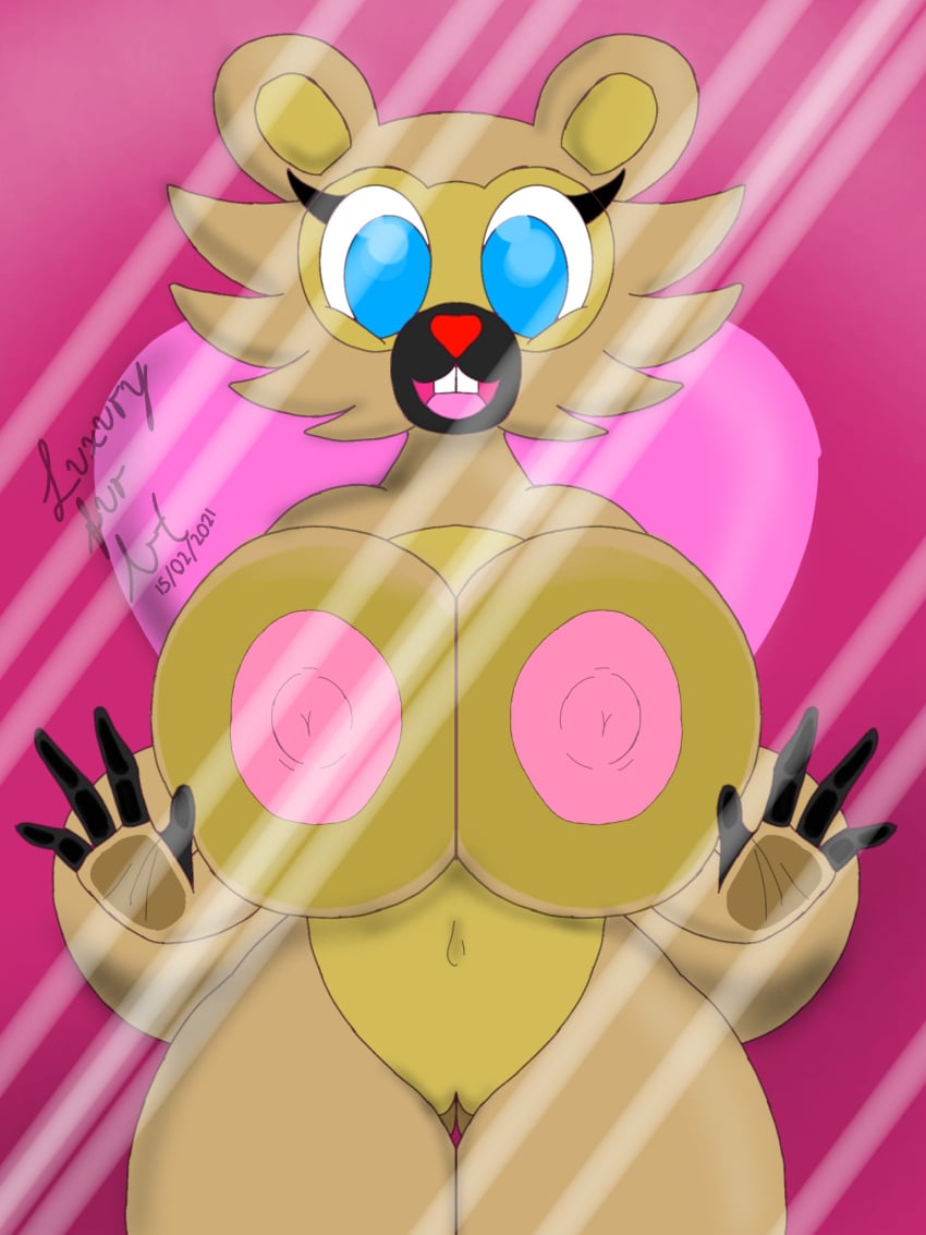 3:4 anthro areola bidoof big_areola big_breasts big_nipples breasts chloe_(luxury_furart) digital_media_(artwork) fan_character female hi_res huge_breasts luxury_furart nintendo nipples on_glass pokémon_(species) pokemon simple_background solo thick_thighs video_games