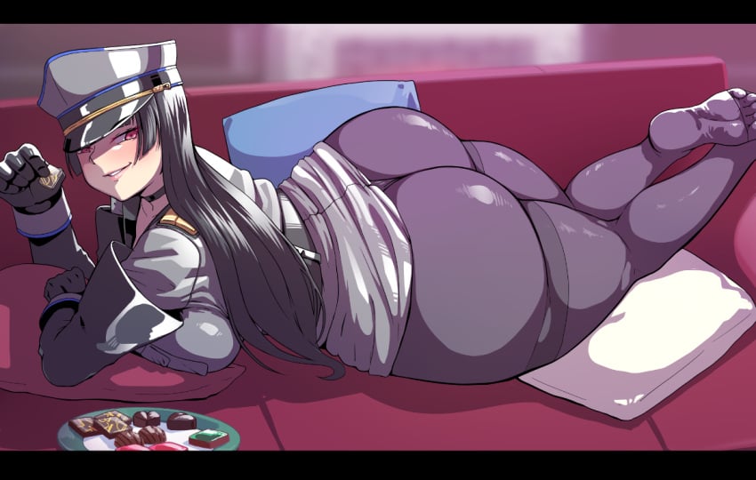 ass black_hair breasts dat_ass female female_only gloves hat huge_ass huge_breasts long_hair looking_at_viewer lying military military_uniform on_stomach pantyhose plump red_eyes shiny shiny_hair skirt skirt_lift smile solo thick_thighs thighs uniform valentine wide_hips yu02j0