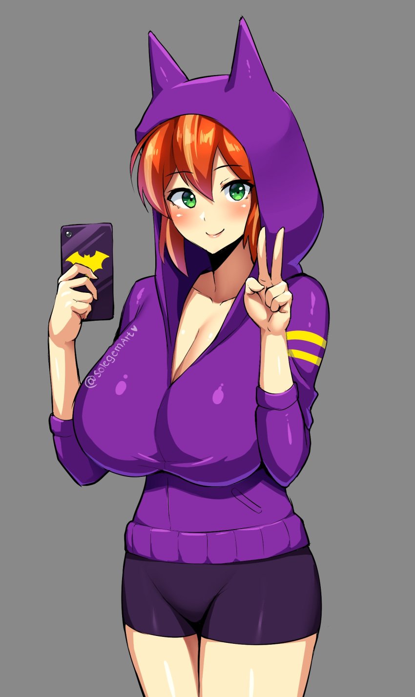 1girls alternate_breast_size barbara_gordon big_breasts bike_shorts blush cleavage cute dc dc_comics dc_super_hero_girls female female_only hoodie huge_breasts no_bra phone selfie sole_gem solegemart solo solo_female spats v