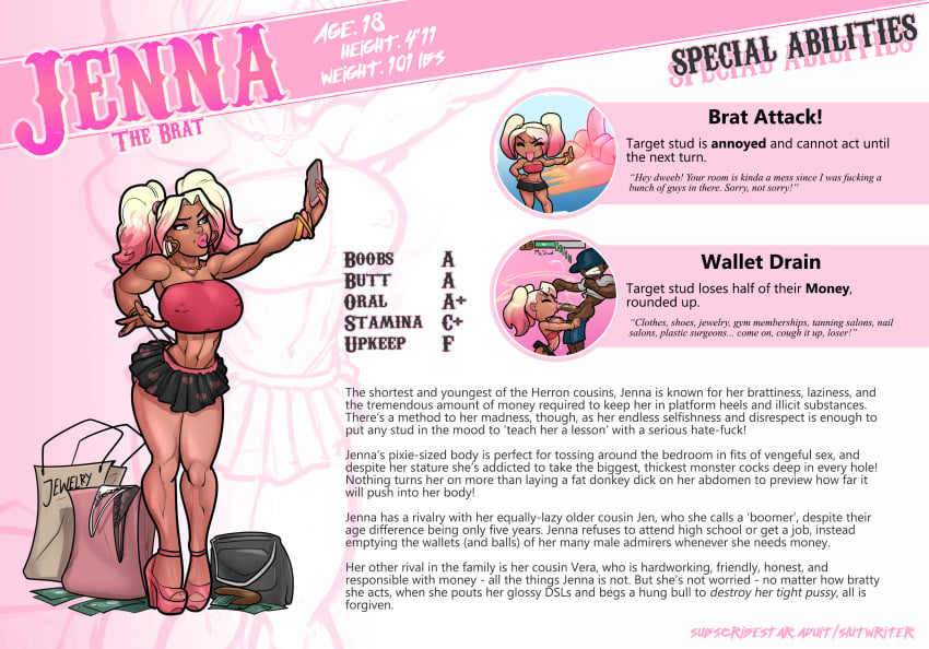 1boy 1girls big_balls big_breasts big_butt big_penis bimbo blonde_hair blowjob blue_eyes brat character_bio character_profile character_sheet cock_sleeve dark-skinned_male deepthroat english_text female herron_house_(series) high_heels interracial jenna_herron light-skinned_female money my_mom_and_sister_are_size_queen_sluts nipple_bulge oral pinup platform_heels ponytail rabies-t-lagomorph revealing_clothes skimpy_clothes slutwr1ter smartphone solo stats text voluptuous