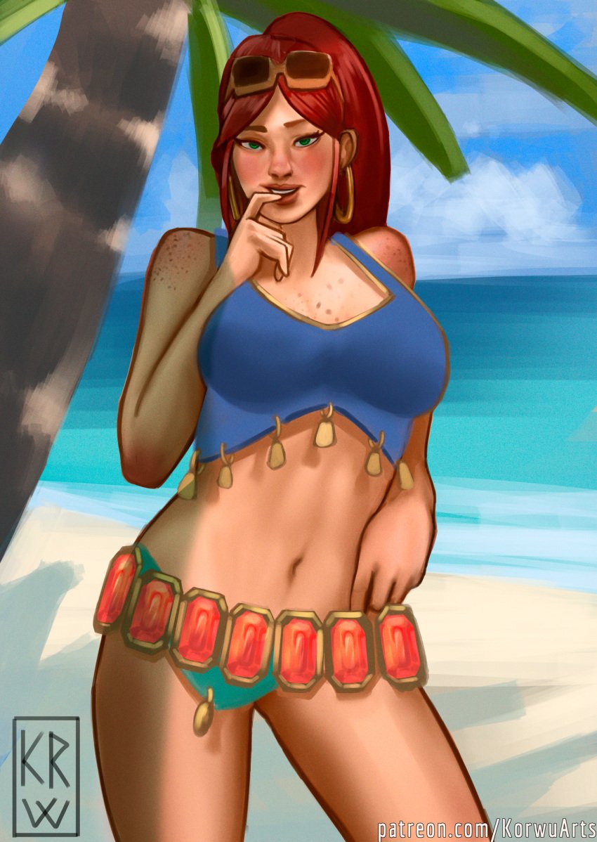 1girls beach big_breasts bikini biting blush breasts cassie_(paladins) cleavage clothed earrings female female_focus female_only finger_to_mouth green_eyes korwuarts large_breasts long_hair looking_at_viewer navel paladins ponytail red_hair revealing_clothes solo sunkissed_cassie