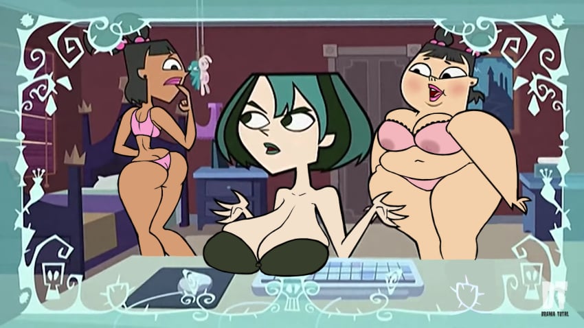 blush cleavage female gwen_(tdi) katie_(tdi) sadie_(tdi) sagging_breasts screenshot_edit silverfox12 streaming third-party_edit thong tight_fit total_drama_island transparent_clothing two_tone_hair