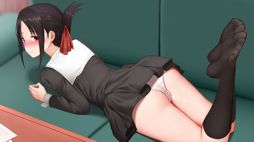 1girls ass axfa black_hair black_socks blush cameltoe clothed dress embarrassed ginhaha hair_ribbon kaguya-sama_wa_kokurasetai_~tensai-tachi_no_renai_zunousen~ knee_socks kneehighs kneesocks light-skinned_female light_skin looking_at_viewer looking_back looking_back_at_viewer on_couch panties presenting red_eyes school_uniform schoolgirl shinomiya_kaguya socks solo upskirt white_panties