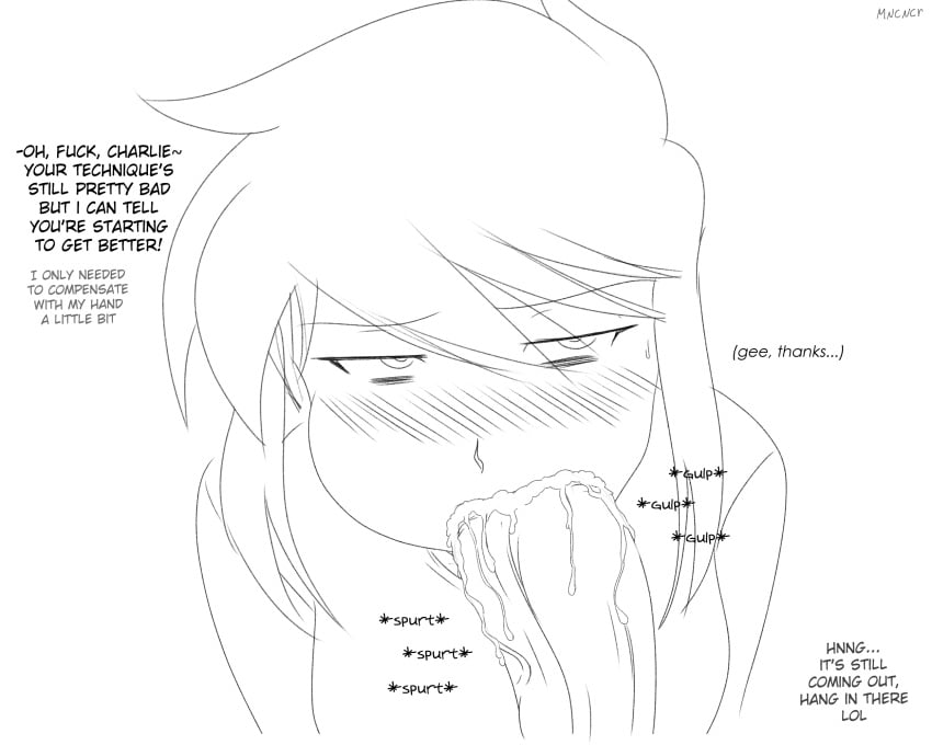 1boy 1girls bags_under_eyes big_penis blush charlie_(mooncancer00) cum cum_in_mouth cum_swallow dialogue fellatio jordan_(mooncancer00) monochrome mooncancer00 oral original_character short_hair sketch swallowing sweatdrop text text_focus white_background