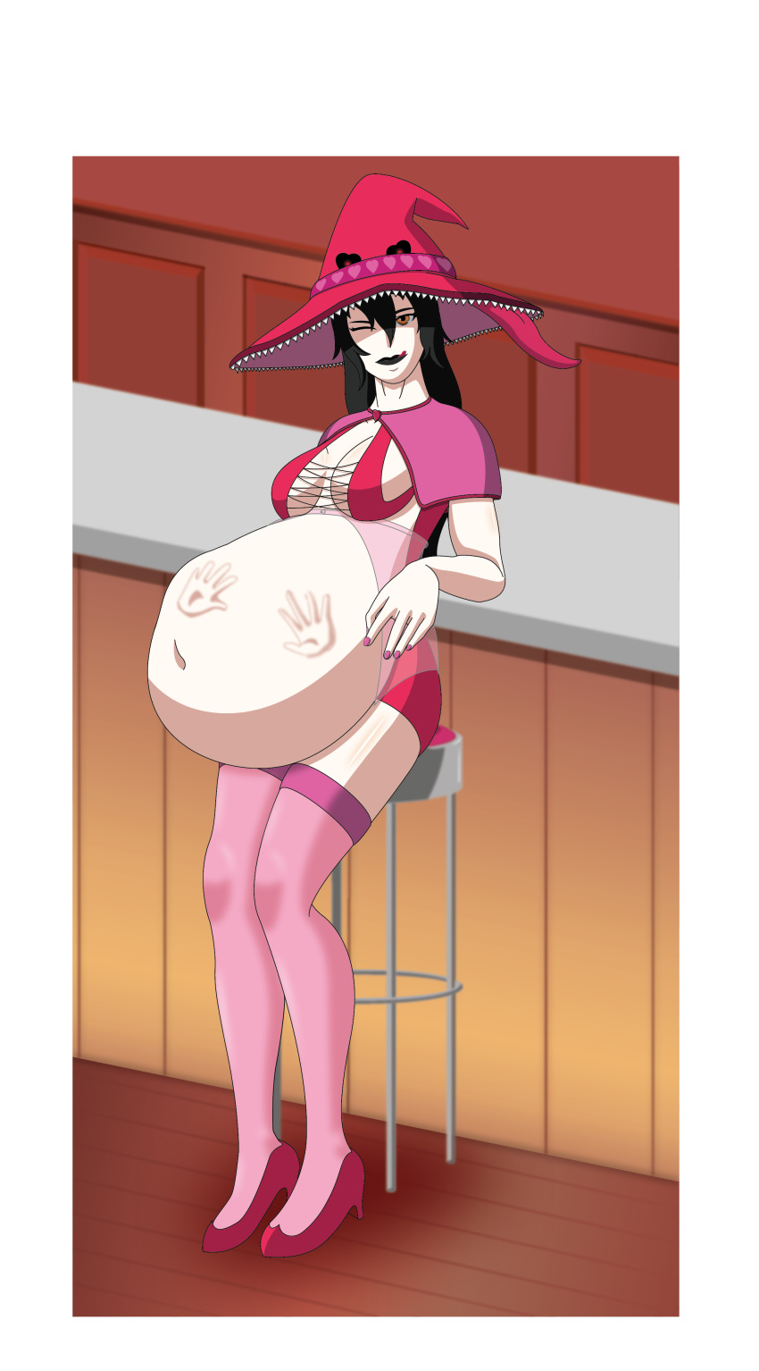 female_pred implied_vore looking_at_viewer same_size_vore shibekutaato_(artist) tongue_out valentine's_day voka_vorewitch vore witch witch_hat