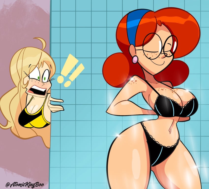 2girls atomickingboo big_breasts blonde_hair blush female female_only freckles glasses hips hourglass_figure large_breasts long_hair nerd original_character red_hair sarah_mcneil shocked terra_mandrile thick_thighs voluptuous wide_hips