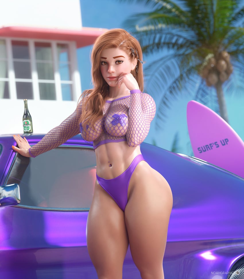 1girls 3d abs athletic_female beer blizzard_entertainment brigitte brigitte_lindholm female female_only fishnet_shirt fit fit_female fitness heineken hips human large_breasts looking_at_viewer muscular_female nail_polish noahgraphicz orange_nail_polish orange_nails outside overwatch red_hair sci-fi science_fiction scifi solo solo_female surfboard tape taped_nipples thick_thighs thong toned_female