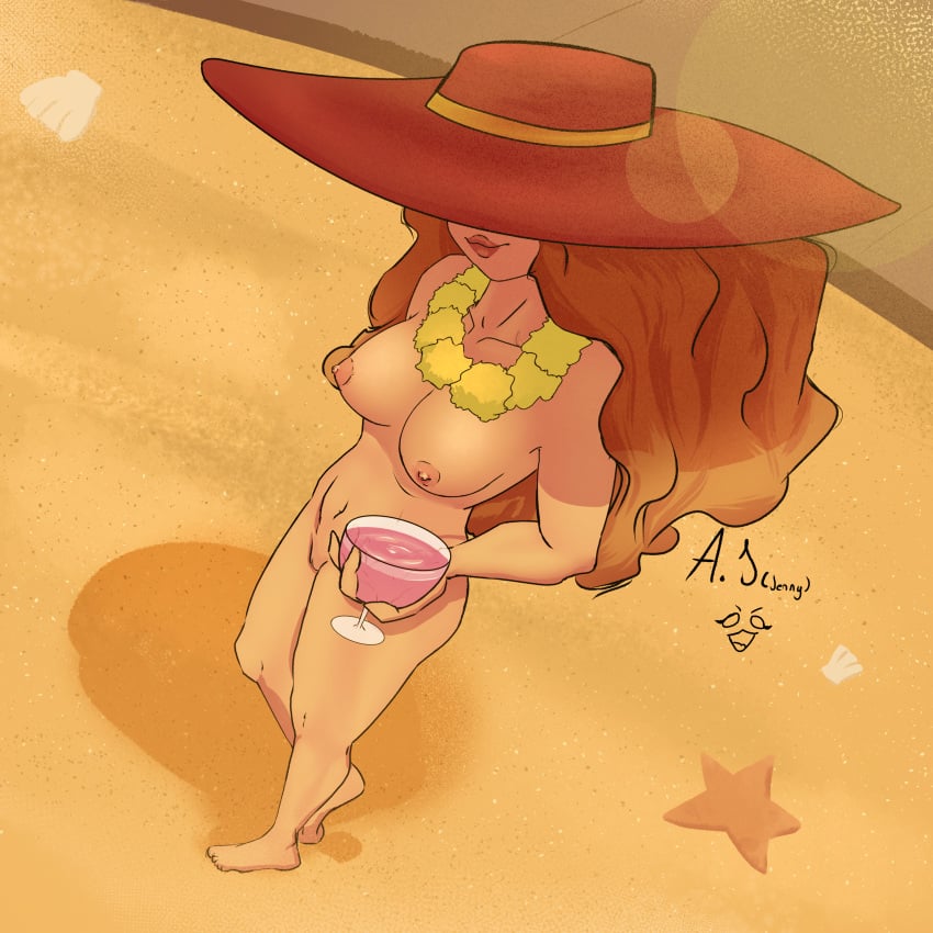 ajilu beach big_breasts callmeaj_(artist) cartoon_network curly_hair curvy curvy_female curvy_figure female_only lei nipples nude perspective powerpuff_girls red_hair sara_bellum secretary self_upload solo_female sun_hat sunhat vacation viewed_from_above