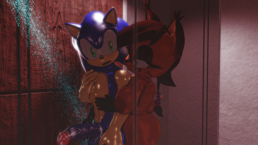 3d anthro black_hair blue_body blue_hair brown_body brown_fur eyelashes female green_eyes half-closed_eyes male markings nicole_the_lynx nude penis shower sonic_(series) sonic_the_hedgehog sonic_the_hedgehog_(archie) sonic_the_hedgehog_(comics) sonicthebitch tan_body