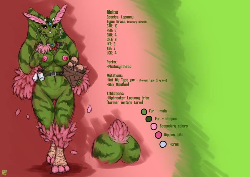 2020 3_toes 5_fingers alternate_color anthro areola bandolier basket belt breasts brown_egg buckteeth clothing colored_sketch cow_horns domestic_rabbit duo egg english_text fallout:_pca feathers feet female fingers foot_wraps footwear fur genitals gradient_background green_body green_fur jewelry lagomorph leather_belt leporid lop_rabbit lopunny mammal melon_(s-nina) milk milk_bottle model_sheet mostly_nude mostly_nude_anthro multicolored_body multicolored_fur necklace nintendo nipples number oryctolagus pink_areola pink_body pink_eyes pink_feathers pink_nipples pink_nose pink_petals pink_pussy pink_tail_tuft pokémon_(species) pokemon pokemon_(species) pokemorph pussy rabbit s-nina sandals shadow signature simple_background standing stats teeth text toes two_tone_body two_tone_fur video_games watermark watermelon_pattern wraps