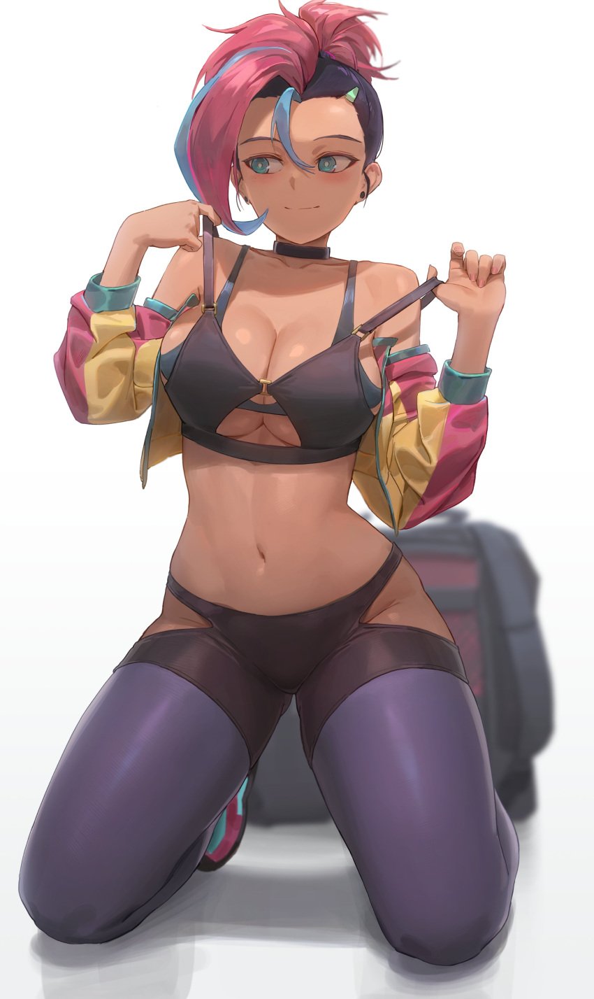 1girls asymmetrical_hair backpack bag blue_eyes blue_hair blush breasts choker cleavage clothed clothing dark_skin delivery_(commerce) female female_only human kneeling large_breasts looking_away midriff moika navel pink_hair revealing_clothes side_shave smile solo tan_skin two_tone_hair white_background yohan1754