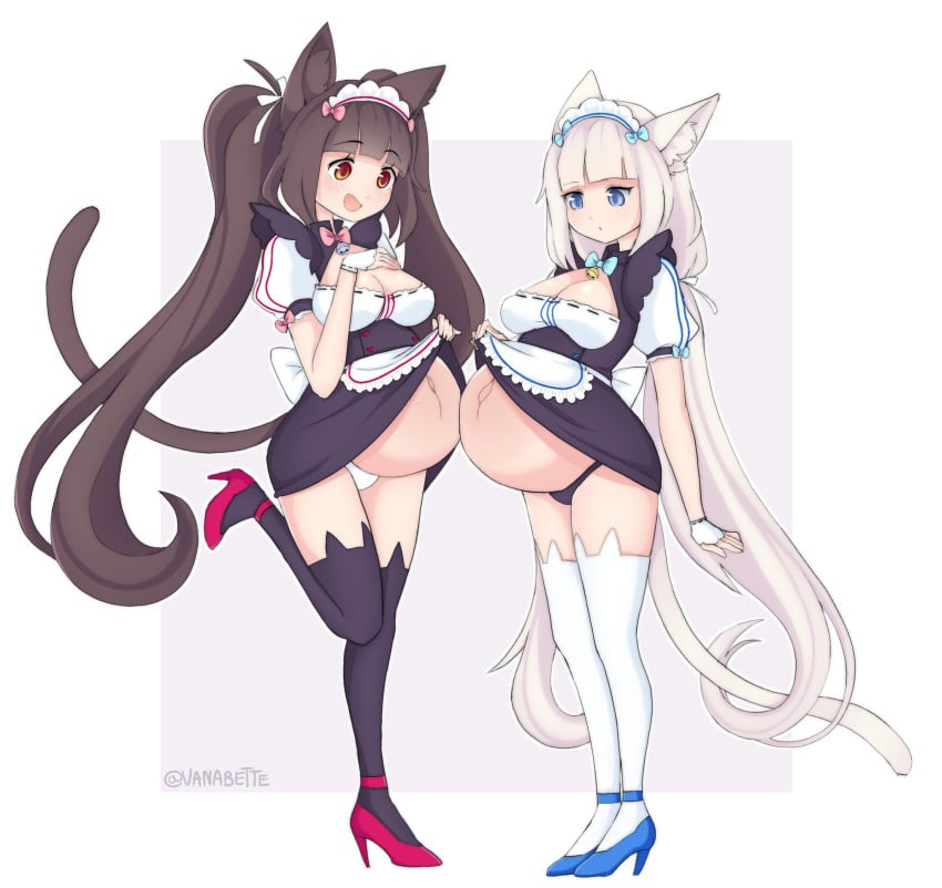 2girls belly_rub chocola_(sayori) female female_only high_heels huge_belly multiple_pregnancies nekopara panties pregnant ready_to_pop vanabette vanilla_(sayori)