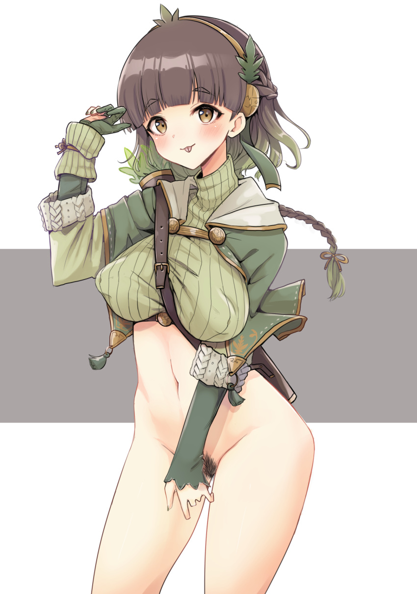 :p absurdres bangs between_breasts blunt_bangs bottomless braid breasts brown_eyes brown_hair contrapposto cowboy_shot female flower_knight_girl gloves gradient_hair green_capelet green_gloves green_hair green_sweater hairband highres iyuka_(ecalyu) large_breasts looking_at_viewer multicolored_hair navel partially_fingerless_gloves pubic_hair quiver ribbed_sweater short_hair simple_background single_glove smile solo standing strap_between_breasts sweater thighs tongue tongue_out unaligned_breasts yomogi_(flower_knight_girl)