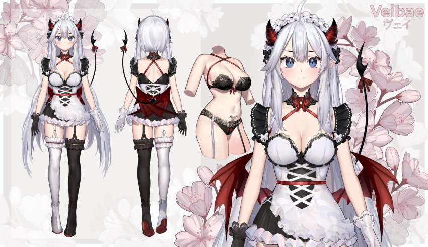 cleavage demon_horns demon_tail demon_wings lingerie long_hair maid neonbeat pubic_tattoo reference_sheet succubus underwear veibae virtual_youtuber vshojo white_hair zettai_ryouiki