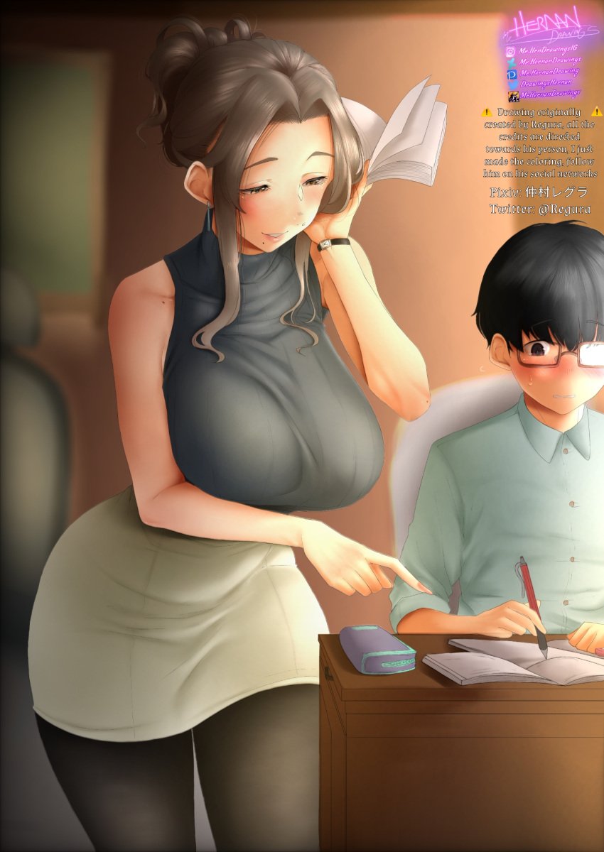 1boy 1girls age_difference aged_up amber_eyes bare_shoulders big_ass big_breasts big_butt big_hips big_thighs black_hair black_legwear blush book breast_hold breasts brown_hair desk earrings elbow elbows erection fan_colored fanart fat_ass fat_butt female glasses gray_shirt hair_bun hair_up highres hips huge_breasts huge_hips indoors large_breasts larger_female light_hair mature mature_female milf miniskirt mole mole_on_shoulder mole_under_mouth mrhernandrawings nakamura_regura original pantyhose pink_lips pink_lipstick pink_nail_polish pink_nails red_eyes regura ribbed_shirt shirt skirt sleeveless sleeveless_shirt smaller_male studying teacher teacher_and_student teacher_outfit thick_thighs turtleneck turtleneck_sweater white_skirt wristwatch