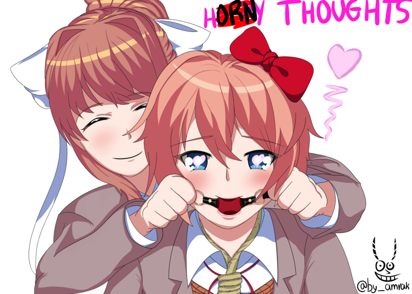 amrak ball_gag blue_eyes bondage brown_hair doki_doki_literature_club female gag gagged monika_(doki_doki_literature_club) mouth_gag sayori_(doki_doki_literature_club)