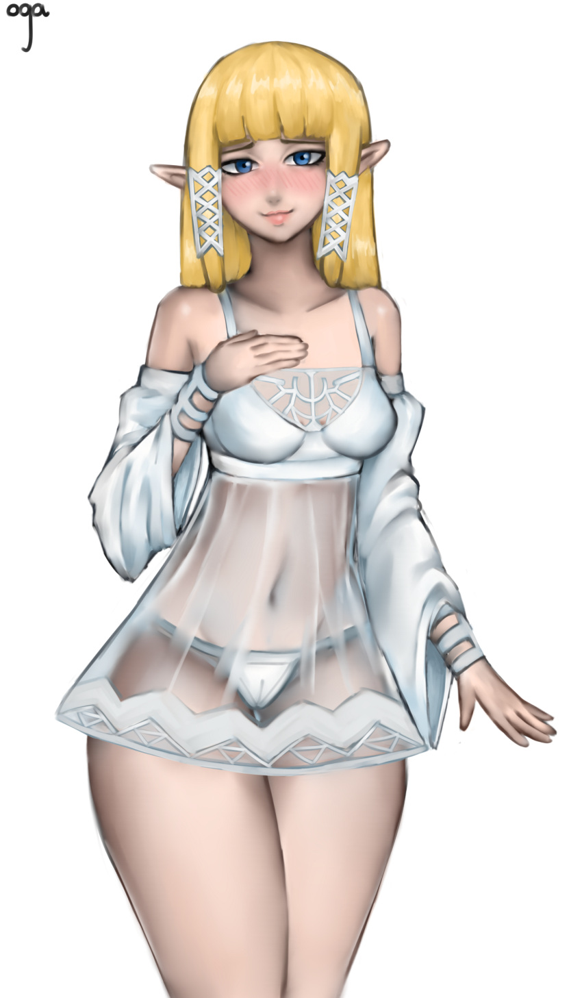 1girls alternate_costume bangs blonde_hair blue_eyes blush bra cameltoe cleft_of_venus collarbone cropped_legs dark_blue_eyes demigoddess dress elf female fully_clothed g-string hand_on_own_chest hylian lingerie long_hair navel navel_line nightie nintendo ogatami panties plain_background pointy_ears princess_zelda see-through see-through_clothing see-through_dress sidelocks signature skyward_sword solo solo_female straight_hair subtle_pussy the_legend_of_zelda translucent translucent_clothing white_background white_clothing white_dress white_g-string zelda_(skyward_sword)