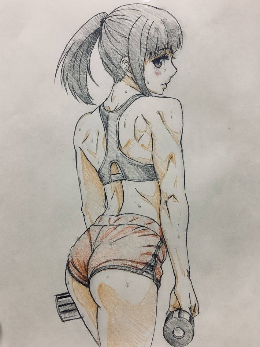 1girls ass back back_muscles back_view baron_(artist) black_hair blush dumbbell enen_no_shouboutai exercise fire_force from_behind gym_clothes long_hair looking_at_viewer looking_back oze_maki ponytail short_shorts shorts sketch solo sports_bra sportswear sweat toned toned_female workout workout_clothes