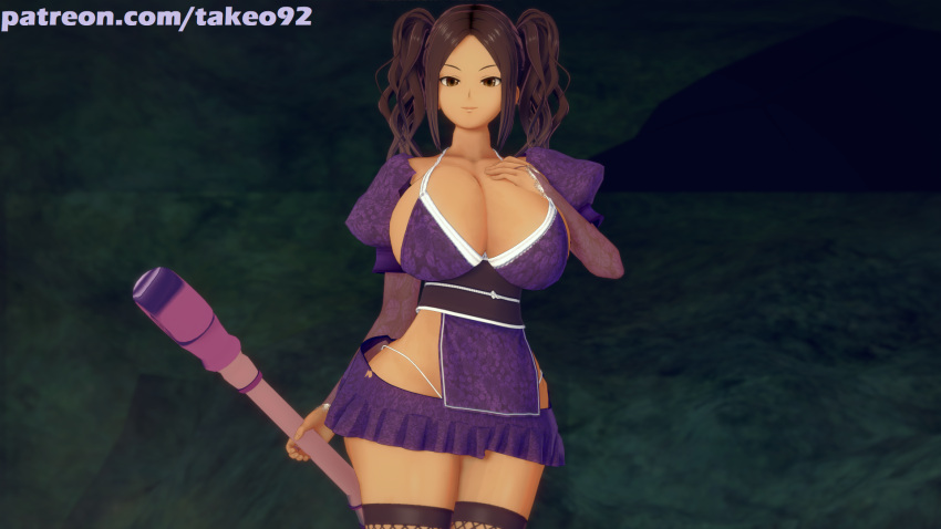 1girls 3d 3d_(artwork) big_breasts brown_eyes brown_hair cleavage cropped_legs curly_hair curvaceous curvy female female_focus female_only fishnets frilled_skirt full_cleavage half-closed_eyes highleg_panties huge_breasts koikatsu large_breasts looking_at_viewer mage matching_hair/eyes miniskirt patreon patreon_username pelvic_curtain pinup purple_clothing purple_skirt revealing_clothes runa_(takeo92) sideboob skimpy skirt smile solo string_panties takeo92 thick_thighs twintails underwear url wand white_panties wide_hips