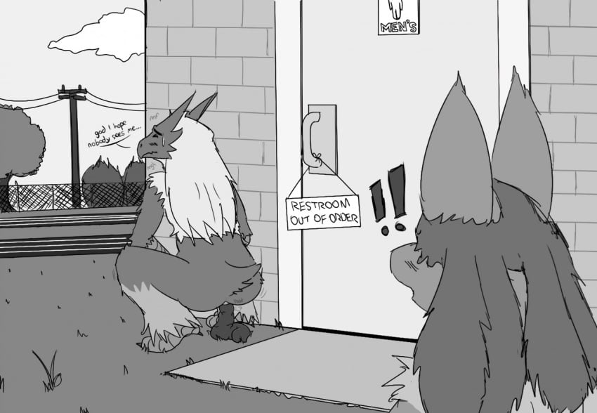 anthro anus bathroom black_and_white blaziken duo feces female grass looking_at_another lucario male monochrome nintendo nude outside oversheep plant pokemon pokemon_(species) public_restroom scat video_games