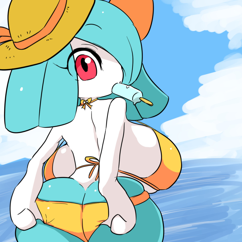 1girls alternate_color anthro anthrofied ass beach big_ass big_eyes bikini clouds eye_contact hair_over_one_eye huge_ass huge_breasts kirlia large_ass looking_at_viewer looking_back nintendo pokémon_(species) pokemon pokemon_(species) pokemon_oras pokemon_rse popsicle red_eyes rui_(sugaru) sea shiny_pokemon shiny_skin shortstack sky solo sugaru voluptuous white_skin yellow_bikini