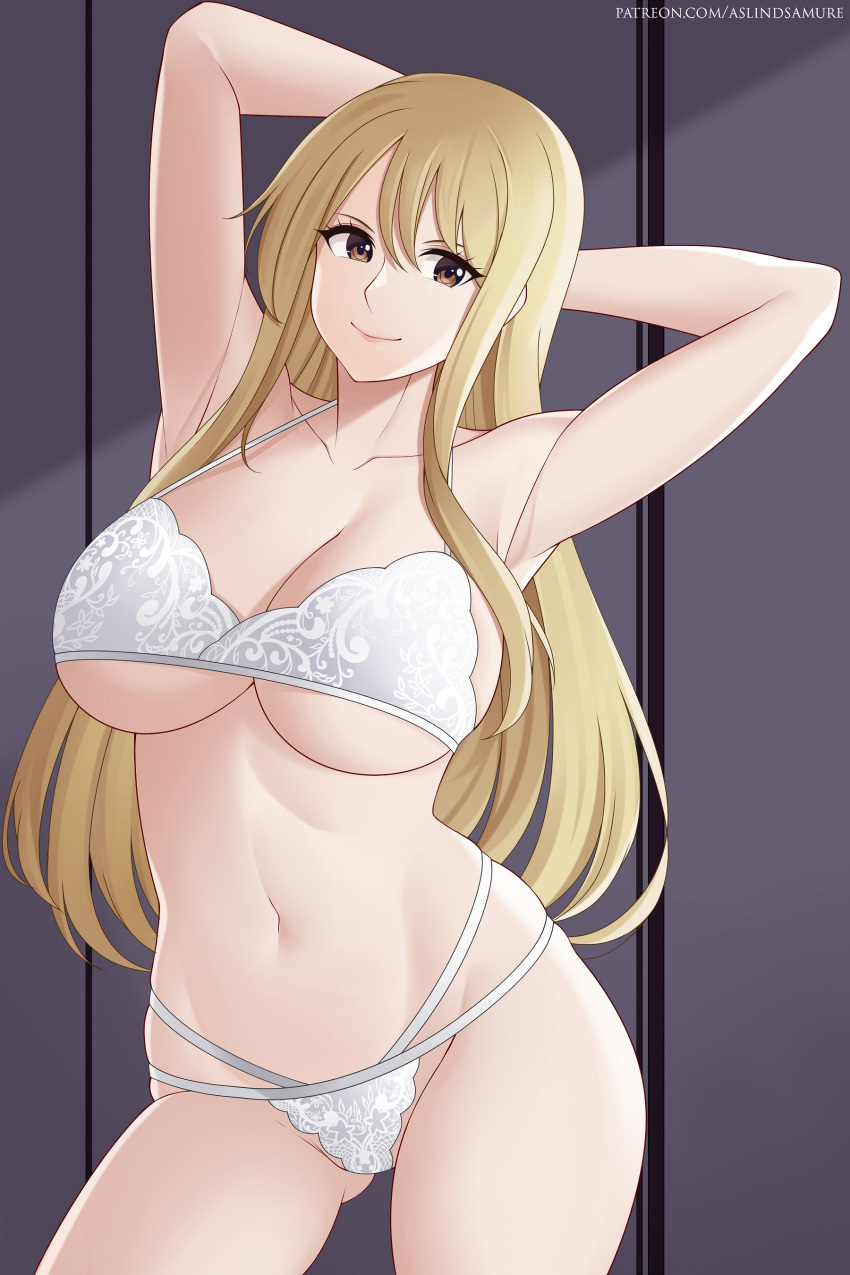 armpits arms_behind_head aslindsamure bangs big_breasts blonde_hair breasts brown_eyes cleavage fairy_tail female female_focus female_only hair_between_eyes lingerie long_hair looking_at_viewer lucy_heartfilia multi-strapped_bikini multi-strapped_panties small_panties smile standing underboob white_bra white_lingerie white_panties