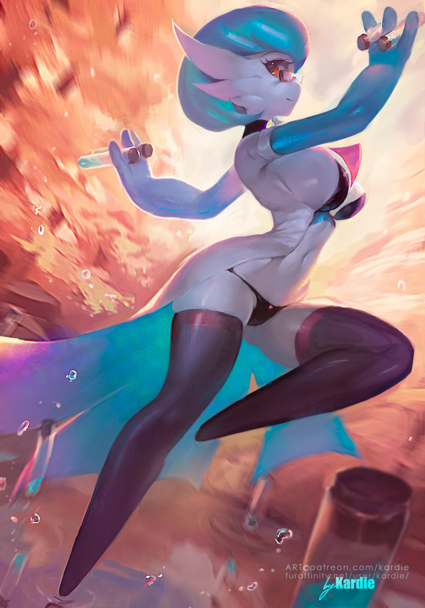 anthro bikini black_bikini black_legwear blue_hair choker coat collar doctor dr._voir eyeglasses eyelashes full_body game_freak gardevoir gen_3_pokemon glasses jumping kardie lab_coat labcoat large_breasts navel nintendo open_clothes open_jacket pokémon_(species) pokemon pokemon_(species) red_eyes shiny_pokemon short_hair stockings stomach thick_thighs thighhighs three_fingers white_coat white_skin