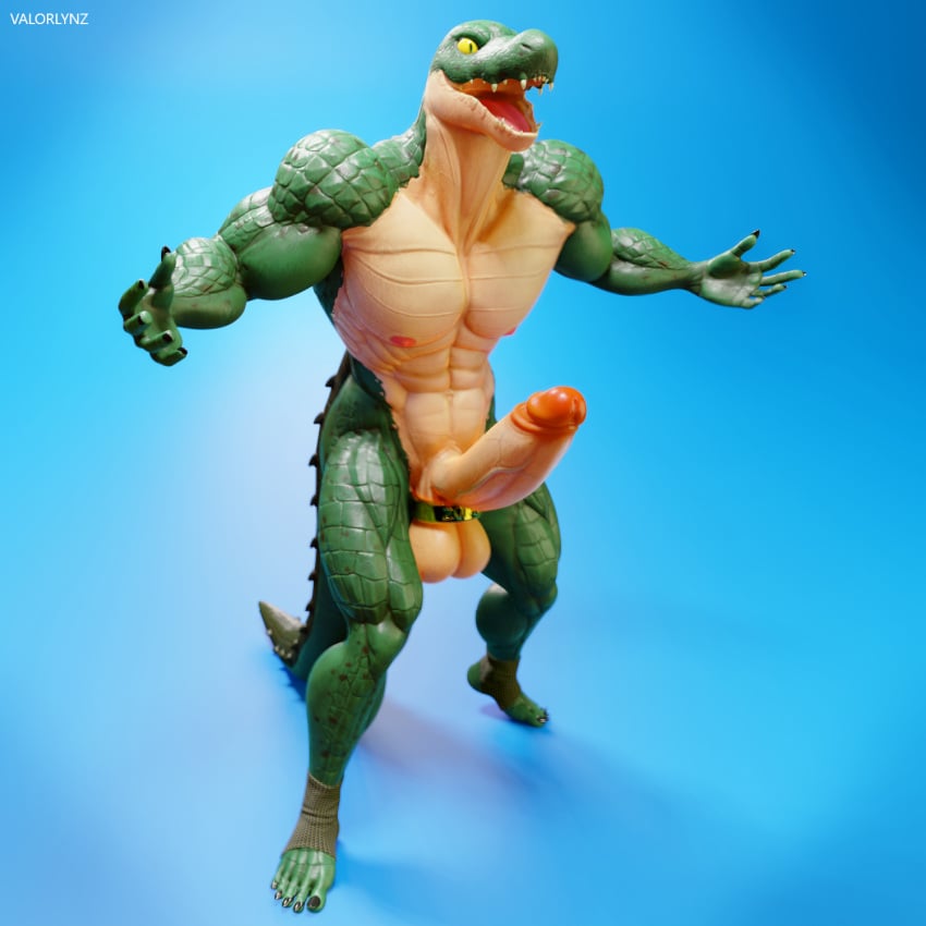 1boy 3d_(artwork) abs anthro ball_stretcher balls ballsack biceps big_(disambiguation) connivingrat crocodilian defined_muscles digital_media_(artwork) erect_penis erection foreskin foreskin_folds fully_retracted_foreskin genitals green_scales helm_(connivingrat) hi_res huge_cock humanoid_penis intact male male_nipples male_only muscles muscular_arms muscular_legs muscular_male muscular_shoulders nude_male pecs penis pink_nipples reptile scalie scrotum six_pack solo tail testicle_cuff testicles uncut valorlynz veiny_penis wrestler