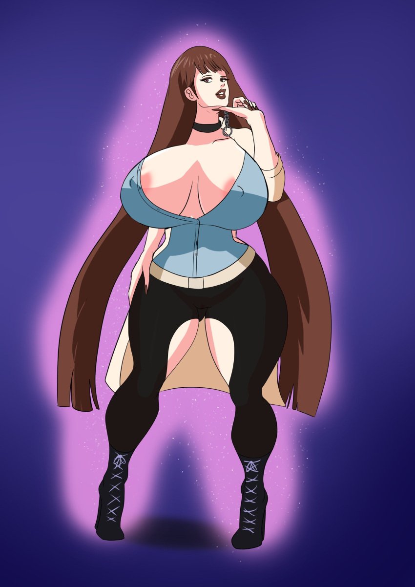 annon areolae bimbo bimbofication bimbofied black_pants brown_eyes brown_hair brown_lipstick brown_nails choker erect_nipples high_heels huge_breasts human ichinose_kuon kuon_ichinose long_hair nipples_visible_through_clothing persona persona_5 persona_5_scramble:_the_phantom_strikers thick_thighs tight_clothing wide_hips