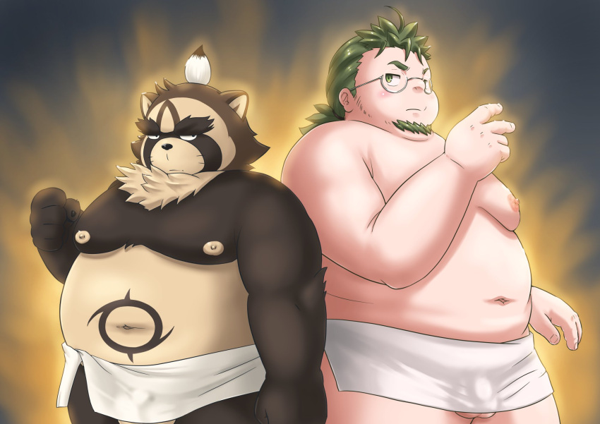 2021 anthro balls belly brown_body brown_fur bulge canid canine duo eyewear flaccid fur genital_outline genitals glasses hi_res human humanoid_genitalia humanoid_hands humanoid_penis kemono live-a-hero male mammal moobs nipples overweight overweight_male penis penis_outline pihii3 raccoon_dog shoen_(live_a_hero) subaru_nobeyama tanuki towel video_games