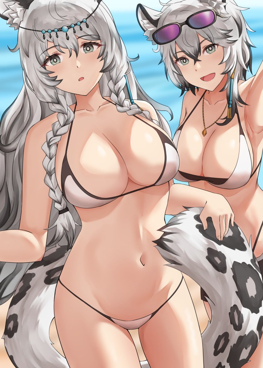 2girls animal_ears arknights beach big_breasts blue_eyes bra braids breasts cliffheart_(arknights) eyewear_on_head fluffy_tail headwear long_hair navel necklace ocean open_mouth open_smile panties partially_clothed pramanix_(arknights) sisters smile solo_female springveiv sunglasses sunglasses_on_head swimsuit tail thighs underwear white_hair