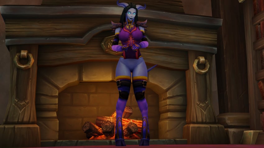 1girls 3d blue_eyes blue_skin bottomless curved_horns cute draenei embarrassed embarrassed_nude_female female female_only fireplace front_view full_body groin_tendon hip_lines hooves horns indoors legs legwear lifted_by_self loincloth loincloth_lift looking_at_viewer morilymory mory no_panties pigeon-toed pigeon_toed purple_clothing pussy shy solo solo_female tail thigh_gap thighhighs thighs unguligrade_legs vagina warcraft world_of_warcraft wow