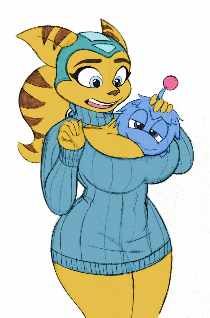 1girls alien angela_cross_(ratchet_and_clank) antennae_(anatomy) anthro between_breasts big_breasts blue_body blue_clothing blue_eyes blue_fur blue_hair bottomless breasts brown_stripes cleavage cleavage_cutout clothed clothing colored colored_sketch curvaceous curvy_figure dark-skinned_female edit felid feline female fur hair half-closed_eyes hand_on_head headgear headwear hi_res jpeg keyhole_turtleneck lombax looking_at_another looking_at_viewer mammal narrowed_eyes omegasunburst open_mouth ponytail protopet_(ratchet_and_clank) ratchet_and_clank ribbed_clothing ribbed_sweater simple_background sketch sony_corporation sony_interactive_entertainment stripes sweater thick_thighs topwear video_games voluptuous white_background wide_hips yellow_body yellow_fur