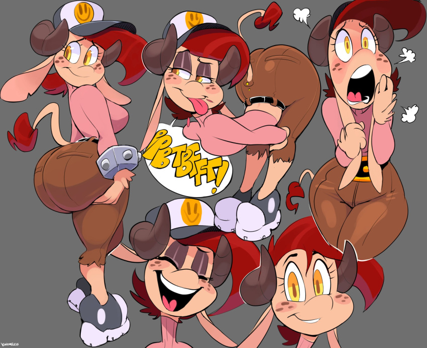 1girls anthro ass big_ass clothed clothing female female_only frances_sugarfoot horns red_hair simple_background smile solo vimhomeless yellow_eyes