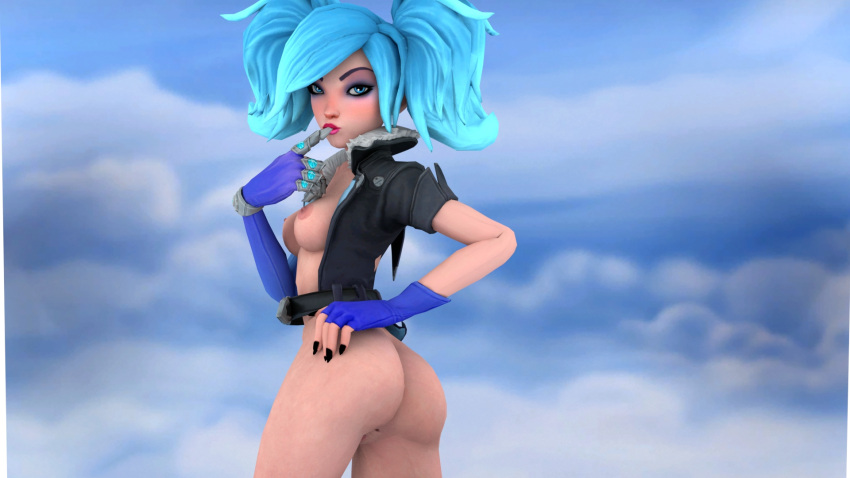 1girls 3d anus artist_request ass blue_eyes blue_hair bottomless dat_ass evie_(paladins) female female_only finger_in_mouth paladins pale-skinned_female petite pussy small_breasts solo teenager twintails