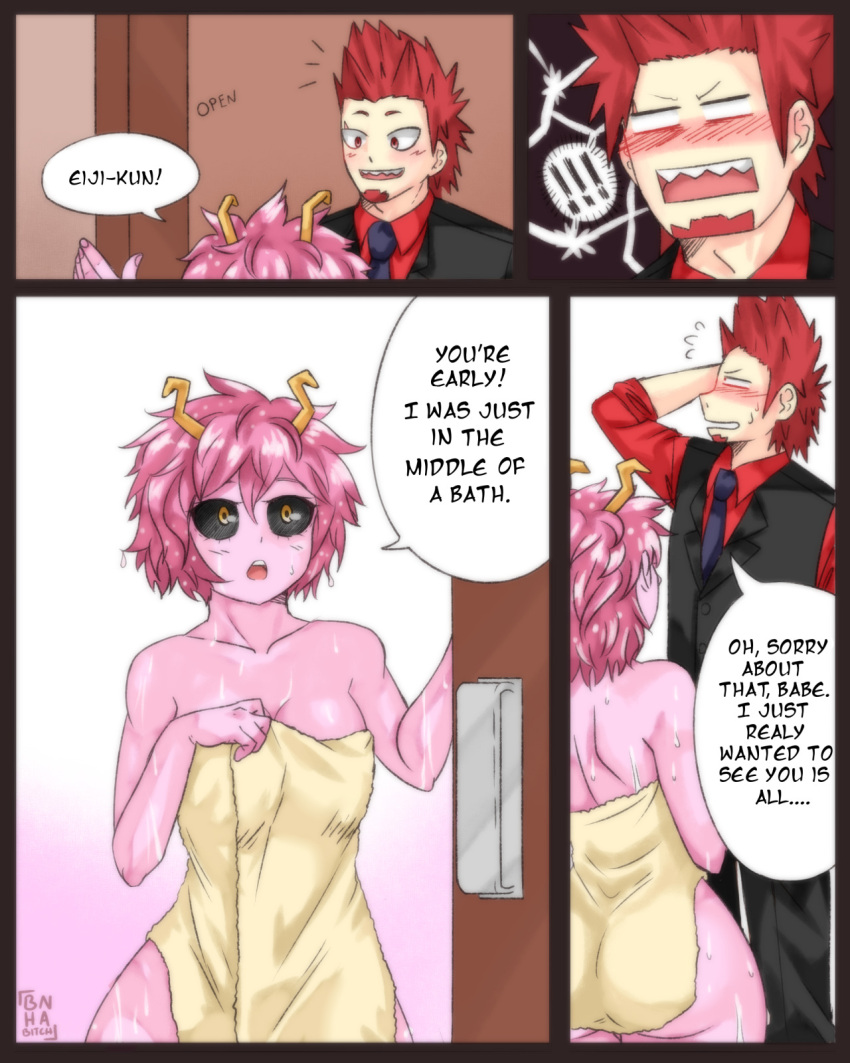 !!! 1boy 1boy1girl 1girls aged_up answering_door artist_logo averting_eyes black_sclera blush blushing color comic cute dialogue doujinshi eijirou_kirishima english_text facial_hair female heavy_blush horns innocent kirimina male male/female mina_ashido my_hero_academia naked_towel opening_door pink_hair pink_skin red_eyes red_hair sensual sharp_teeth shocked speech_bubble spiky_hair suggestive suit surprised sweet text towel towel_only voluptuous wet_skin