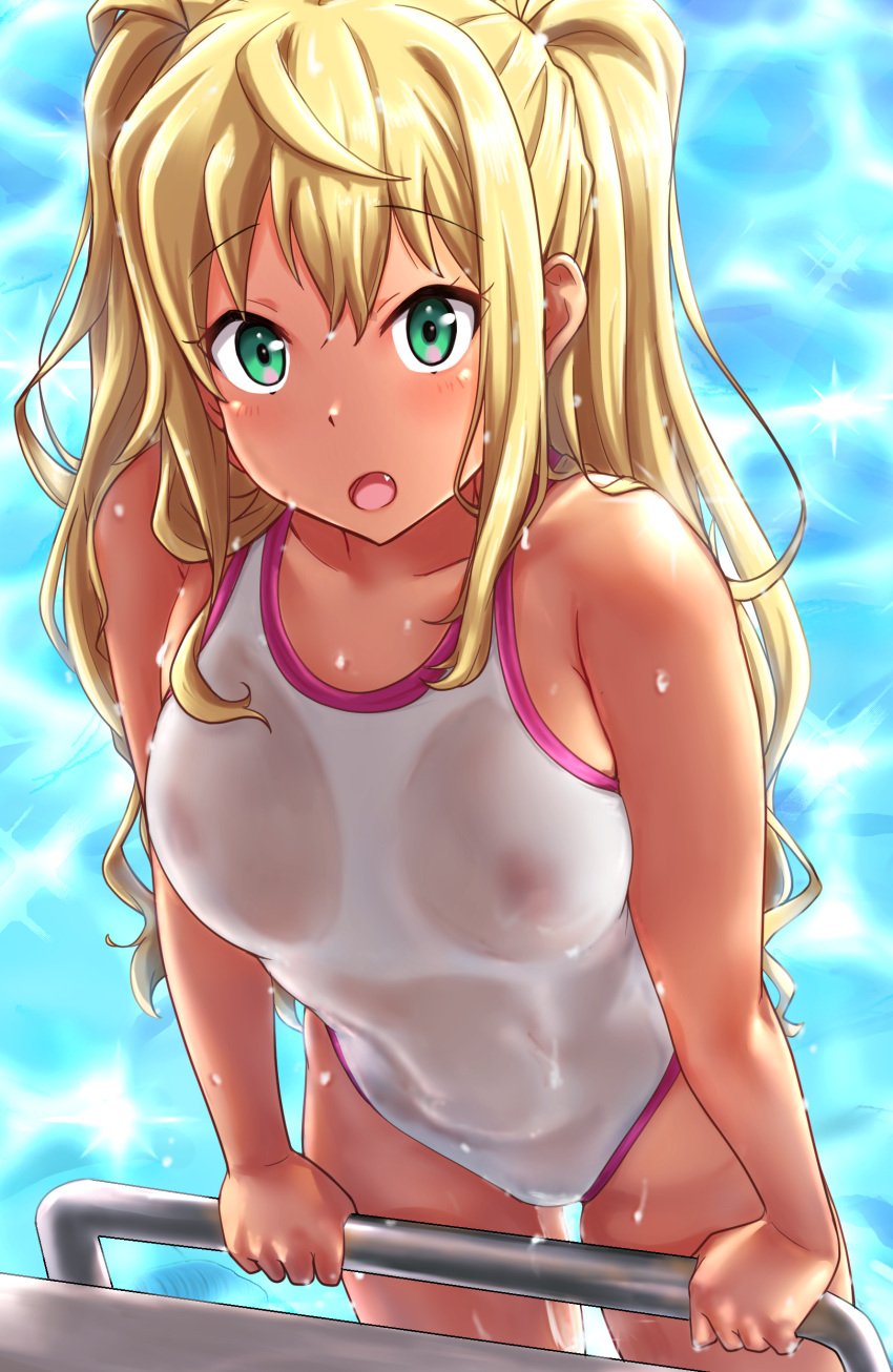 1girls :o absurdres bare_shoulders blonde_hair blush breasts competition_swimsuit cowboy_shot dumbbell_nan_kilo_moteru? erect_nipples fang female female_only green_eyes gyaru highres kobamiso_(kobalt) long_hair looking_at_viewer medium_breasts one-piece_swimsuit open_mouth partially_submerged pool pool_ladder poolside sakura_hibiki see-through solo solo_female swimsuit tan tan_skin twintails water wet wet_clothes wet_swimsuit white_swimsuit