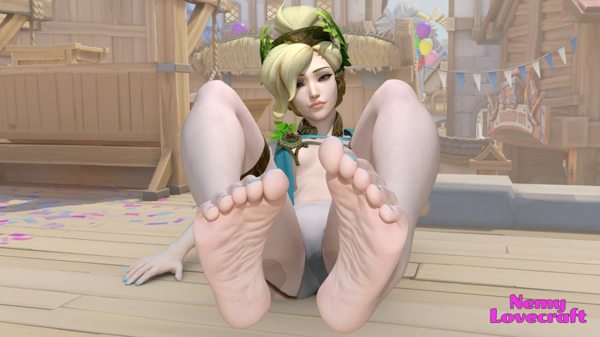 1girls 3d blizzard_entertainment blonde_hair breasts feet foot_fetish foot_focus looking_at_viewer mercy nemylovecraft overwatch solo toes winged_victory_mercy