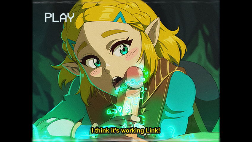 1boy 1girls alternate_version_available blonde_hair blush braid breasts breath_of_the_wild dirtyero_(artist) fake_screenshot female female_focus fingerless_gloves hand_on_penis hylian licking_penis link link_(breath_of_the_wild) magic male manual nintendo oral pale_skin penis pillarbox pointy_ears pov princess_zelda retro_artstyle solo_focus straight subtitled tears_of_the_kingdom text the_legend_of_zelda throat tongue_out turquoise_eyes vhs vhs_filter zelda_(tears_of_the_kingdom)