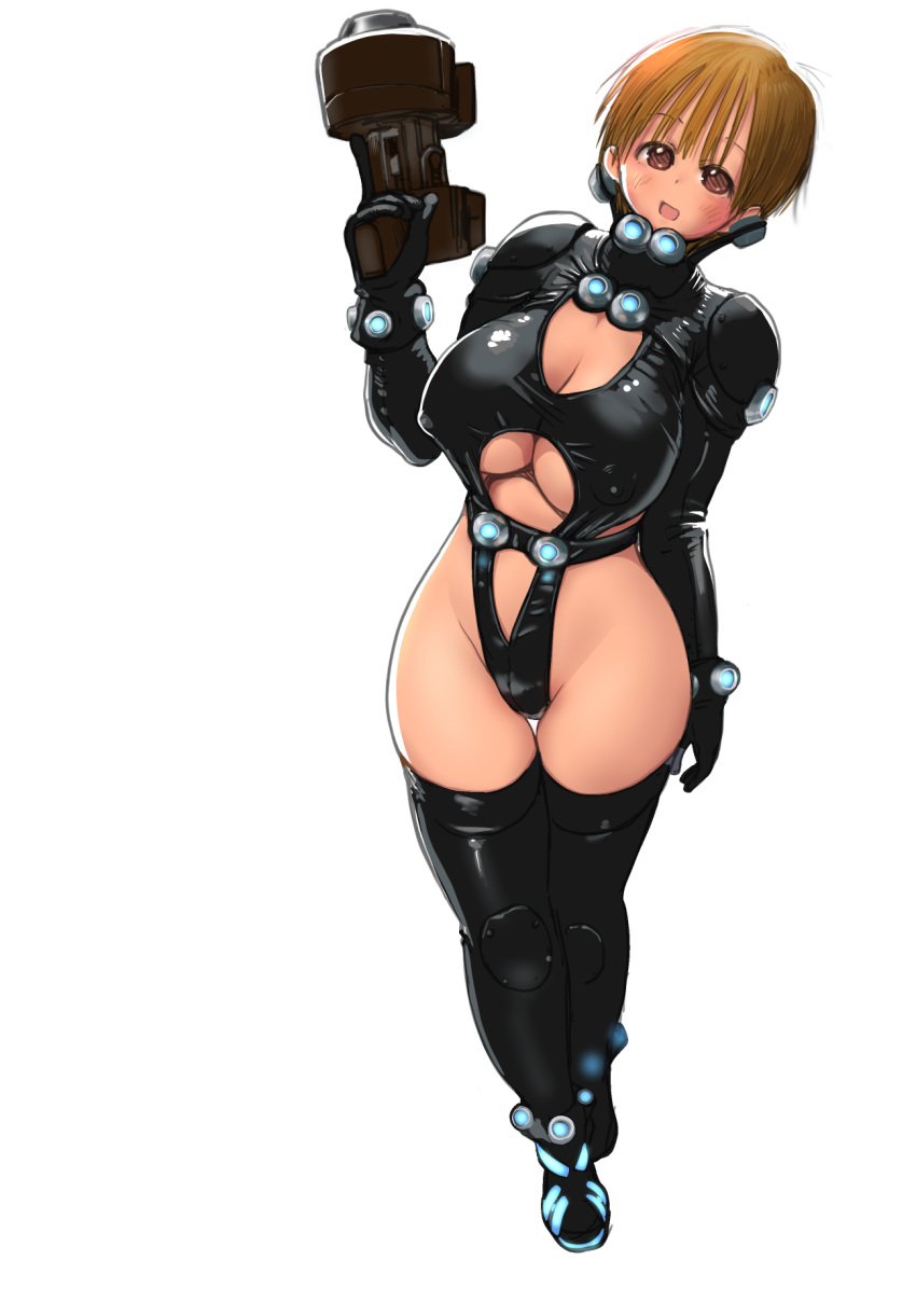 big_breasts black_legwear black_thighhighs bodysuit brown_eyes brown_hair cleavage female female_only full_body gantz gantz_suit gun kei_kishimoto latex latex_suit latex_thighhighs mob_face nipple_bulge piroriro revealing_clothes rubber_suit short_hair smile solo standing thighhighs underboob very_short_hair wide_hips