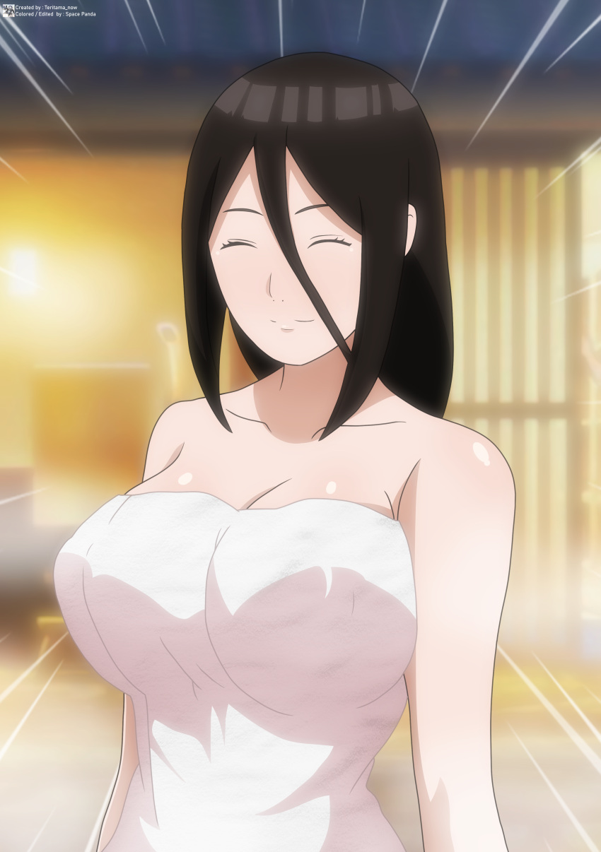 1girls absurd_res bathhouse boruto:_naruto_next_generations brown_hair closed_eyes dark_hair female half_naked hyuuga_hanabi large_breasts light-skinned_female light_eyes light_skin long_hair naruto naruto_(series) naruto_shippuden smile smiling solo space-panda straight_hair teritama_now towel towel_only