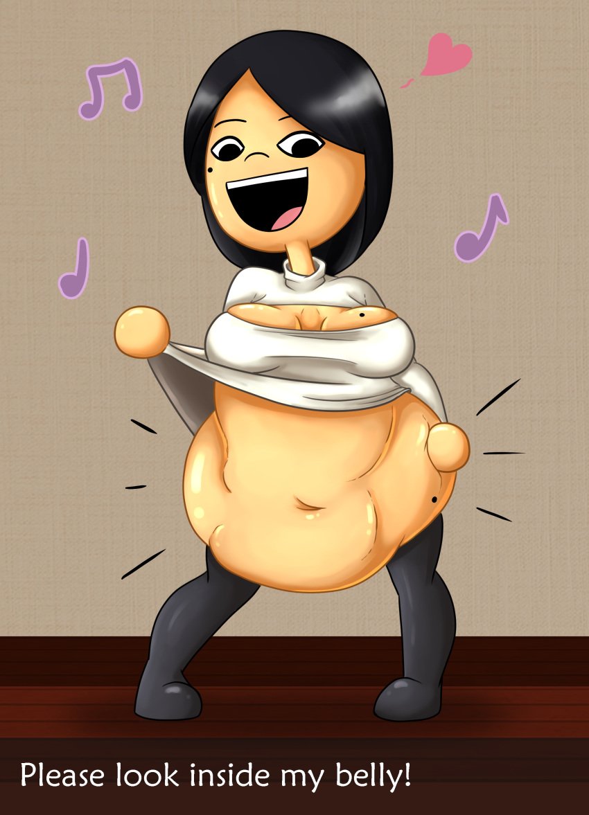 belly big_belly black_hair breasts cratedcheese mii mole mole_on_breast mole_on_stomach mole_under_eye mouth_open nintendo open_mouth same_size_vore smile smiling soft_vore tomodachi_life unwilling unwilling_prey vore vore_belly